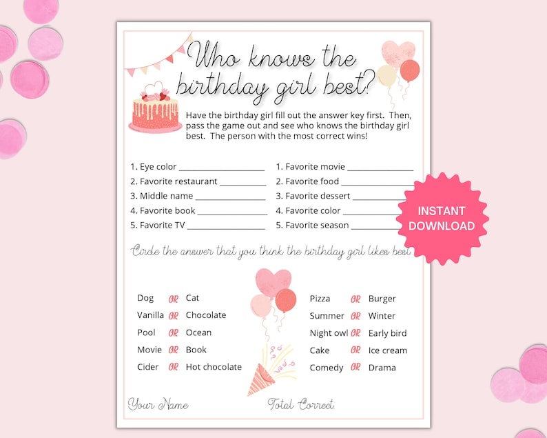 Who knows the birthday girl best birthday questionnaire etsy