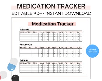 Editable Medication Tracker, Daily Medication Tracker, Medication Log H001