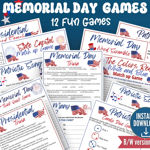 Memorial Day Game Bundle, Memorial Day Trivia, Patriotic Songs Game, Presidential Trivia Classroom Games, First Lady Triivia, 12 games