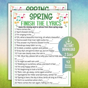 Spring Finish the Lyrics Trivia Game, Printable Spring Game for Kids Teens Adults,Classroom Spring Activity, Ideas for Seniors,Spring Party