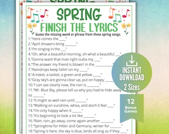 Spring Finish the Lyrics Trivia Game, Printable Spring Game for Kids Teens Adults,Classroom Spring Activity, Ideas for Seniors,Spring Party