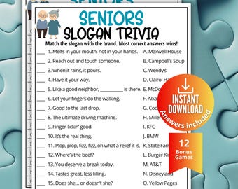 Juego de trivia de eslóganes para personas mayores, cuestionario de coincidencia de eslóganes publicitarios, juego de comerciales de televisión imprimibles para baby boomers, juegos de memoria para personas mayores, cuestionario de televisión para adultos mayores