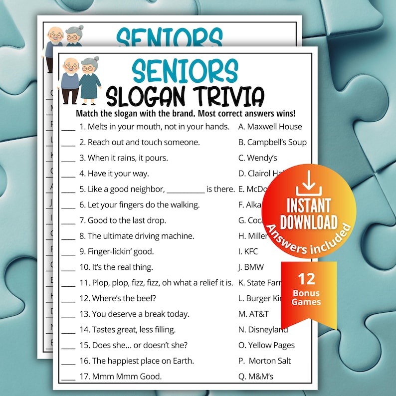K&ouml;nnte beinhalten: Ein Seniors Slogan Trivia Spielblatt mit einer Liste von siebzehn ber&uuml;hmten Markenslogans, die den entsprechenden Unternehmen zugeordnet werden sollen. Das Dokument enth&auml;lt eine Cartoon-Illustration eines &auml;lteren Paares und ein orange-gelbes Abzeichen.