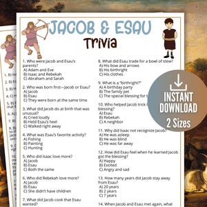 Puede incluir: Una hoja de juego de trivia titulada Jacob & Esau Trivia que contiene doce preguntas de opción múltiple sobre la historia bíblica. El documento incluye ilustraciones de dibujos animados de un cazador y una persona, con un aviso de Instant Download 2 Sizes.