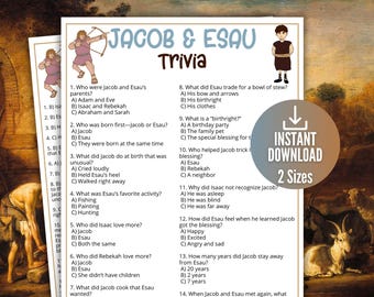 May include: A printed trivia game sheet titled Jacob & Esau Trivia featuring twelve multiple-choice questions about the biblical story. The document includes cartoon illustrations of a hunter and a person, with an overlay stating Instant Download 2 Sizes.