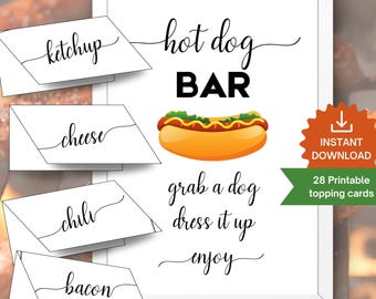 Plaques de table de bar à hot-dogs, fête d'anniversaire sur le thème des hot-dogs, baby shower barbecue, cartes de table de condiments. Signe du 4 juillet. Téléchargement instantané.