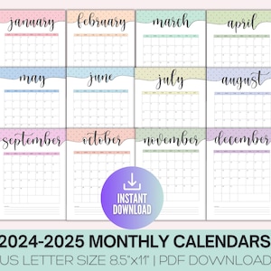 Calendário mensal de 2025, volta às aulas, calendário do professor, calendário de 12 meses, em branco, download digital, PDF (ano completo de 2025)