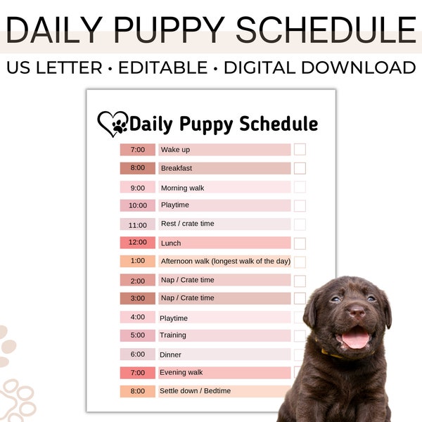 Daily Puppy Schedule - Fillable PDF, editable daily dog routine puppy planner D001