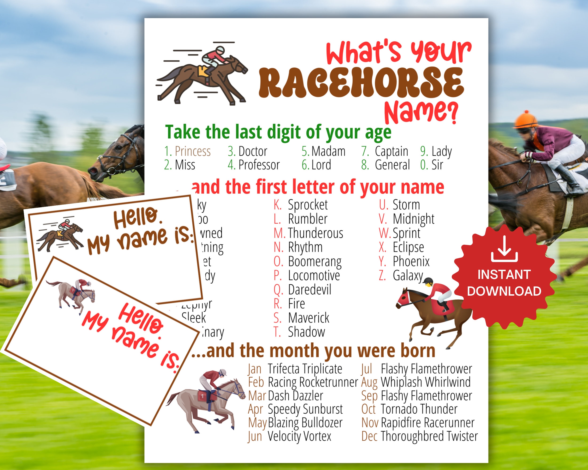 What's Your Racehorse Name Game WITH NAMETAGS + SIGN, Thoroughbred Party Game, Horse Birthday Party Activity,Fun for Adults & Kids Printable