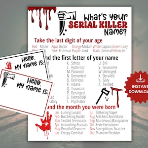 May include: A printable Halloween game with a red, white, and black color scheme. The game asks "What's your Serial Killer Name?" and instructs players to take the last digit of their age, the first letter of their name, and the month they were born to determine their "Serial Killer Name".
