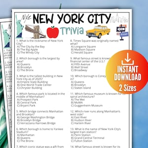 May include: A black and white New York City trivia game with illustrations of the Statue of Liberty, a bridge, a red apple, and a yellow taxi. The game includes multiple-choice questions about the city's landmarks and history. The words "Instant Download" are also visible.
