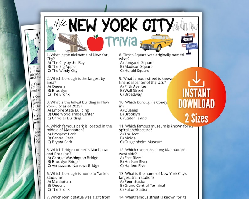 New York City Trivia Game,printable Vacation Travel Game, NYC Game for