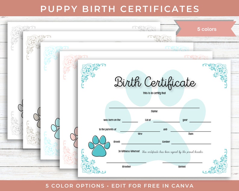 May include: Printable puppy birth certificate template with five color options. The certificate features a paw print design with a blue, pink, gray, and white color scheme. The text "Birth Certificate" is written in a decorative font. The text "This is to certify that" is followed by blank lines for the puppy's name, date of birth, breed, and other information. The text "In witness whereof this certificate has been signed by the proud breeder" is followed by blank lines for the breeder's name and signature.