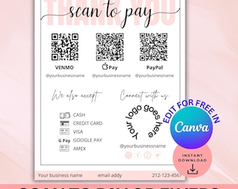 Canva-sjabloon scannen om te betalen, bewerkbaar QR-codebord, bundel canva-sjabloon voor kleine bedrijven, PayPal-betalingsbord, afdrukbaar Venmo-bord