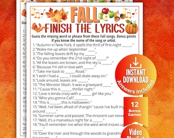 Fall Finish the Lyrics Trivia Game, Printable Autumn Games for Kids Teens Adults, Fall Holiday Party Activity, Ideas for Seniors,Fall Music