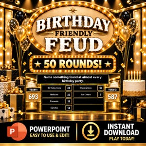 May include: A digital game board titled Birthday Friendly Feud with 50 rounds, featuring a scoreboard with answers like Birthday Cake, Balloons, Presents, and Candles. The design includes gold and black balloons, a cake, and gift boxes.
