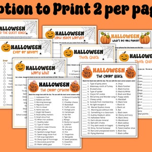 May include: A collection of printable Halloween game cards featuring various themes such as "Find the Guest Bingo", "Ever or Never", "Word Whiz", "How Many Words", "Think Quick", "What's on You Phone", "The Colour Orange", and "The Colour Black".