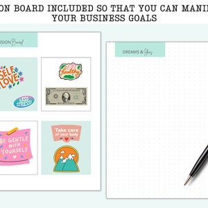 May include: A vision board with a light blue background and a white gridded area for writing down dreams and goals. The vision board includes stickers with phrases like "Self Love", "Eat Healthy", "Be Gentle With Yourself", and "Take Care of Your Body". There is also a sticker of a $10 bill and a black pen.