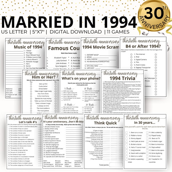 30th Wedding Anniversary Games, Married in 1994 Game, 1994 Pearl Anniversary Games, 30th Anniversary Games, Printable 11 Game Bundle Gift