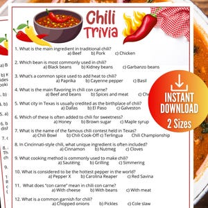 Chili Trivia Spiel, druckbares Chili Koch Spiel für Kinder und Erwachsene, Chili Wettbewerb, Chili Bar Thema, Herbst und Winter Chili Potluck Party