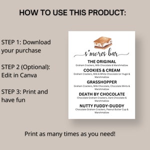 Peut inclure: Menu imprimable pour un bar &agrave; s'mores avec cinq options diff&eacute;rentes de s'mores : The Original, Cookies & Cream, Grasshopper, Death by Chocolate et Nutty Fuddy-Dudy. Chaque option liste les ingr&eacute;dients, y compris les biscuits graham, le chocolat au lait, le chocolat blanc, les p&eacute;pites de chocolat, le chocolat noir et les p&eacute;pites de beurre de cacahu&egrave;te.