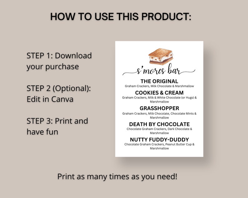 Peut inclure: Menu imprimable pour un bar &agrave; s'mores avec cinq options diff&eacute;rentes de s'mores : The Original, Cookies & Cream, Grasshopper, Death by Chocolate et Nutty Fuddy-Dudy. Chaque option liste les ingr&eacute;dients, y compris les biscuits graham, le chocolat au lait, le chocolat blanc, les p&eacute;pites de chocolat, le chocolat noir et les p&eacute;pites de beurre de cacahu&egrave;te.