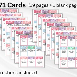May include: A collection of 171 cards, with the text "171 Cards (19 pages + 1 blank page)" at the top. The cards are arranged in stacks and feature colorful designs and text. The words "Instructions included" are at the bottom.