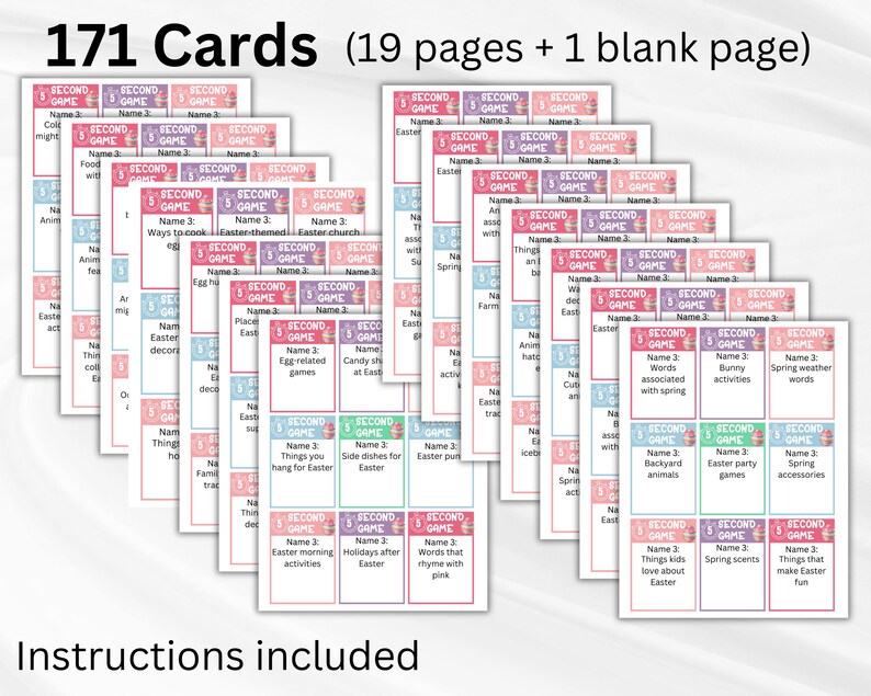 May include: A collection of 171 cards, with the text "171 Cards (19 pages + 1 blank page)" at the top. The cards are arranged in stacks and feature colorful designs and text. The words "Instructions included" are at the bottom.