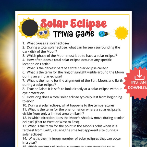 Solar Eclipse Trivia Game, Classroom Activity for Solar Eclipses, Science Teacher Earth Science Game for Kids, Eclipse Themed Party Idea