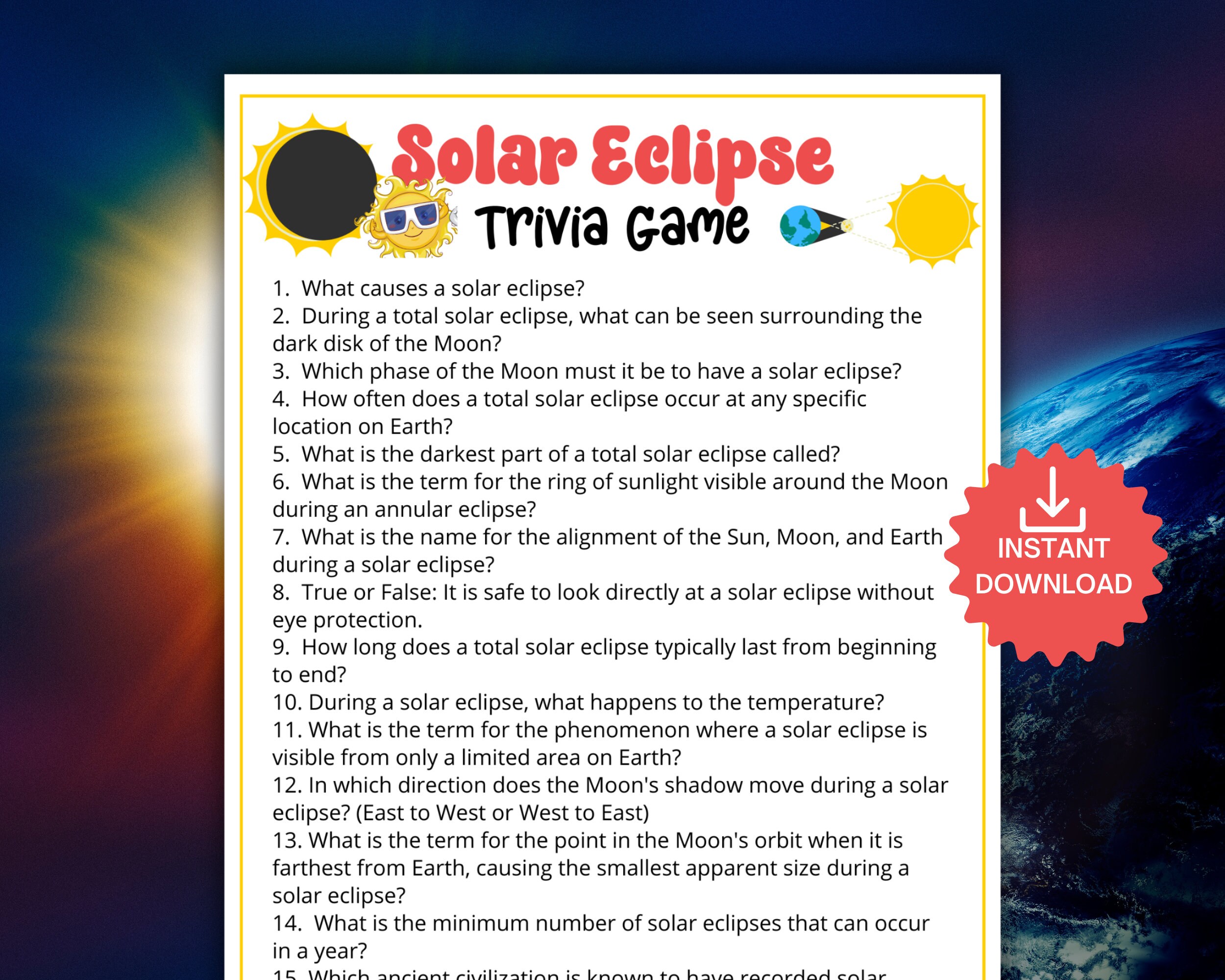 Solar Eclipse Trivia Game, Classroom Activity for Solar Eclipses, Science Teacher Earth Science