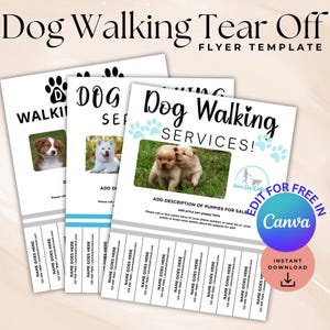 Editable Dog Walking Marketing flyer, Dog Walker Tear Off Flyer,Dog Walking & Pet Sitting advertising template, Customizable Canva template