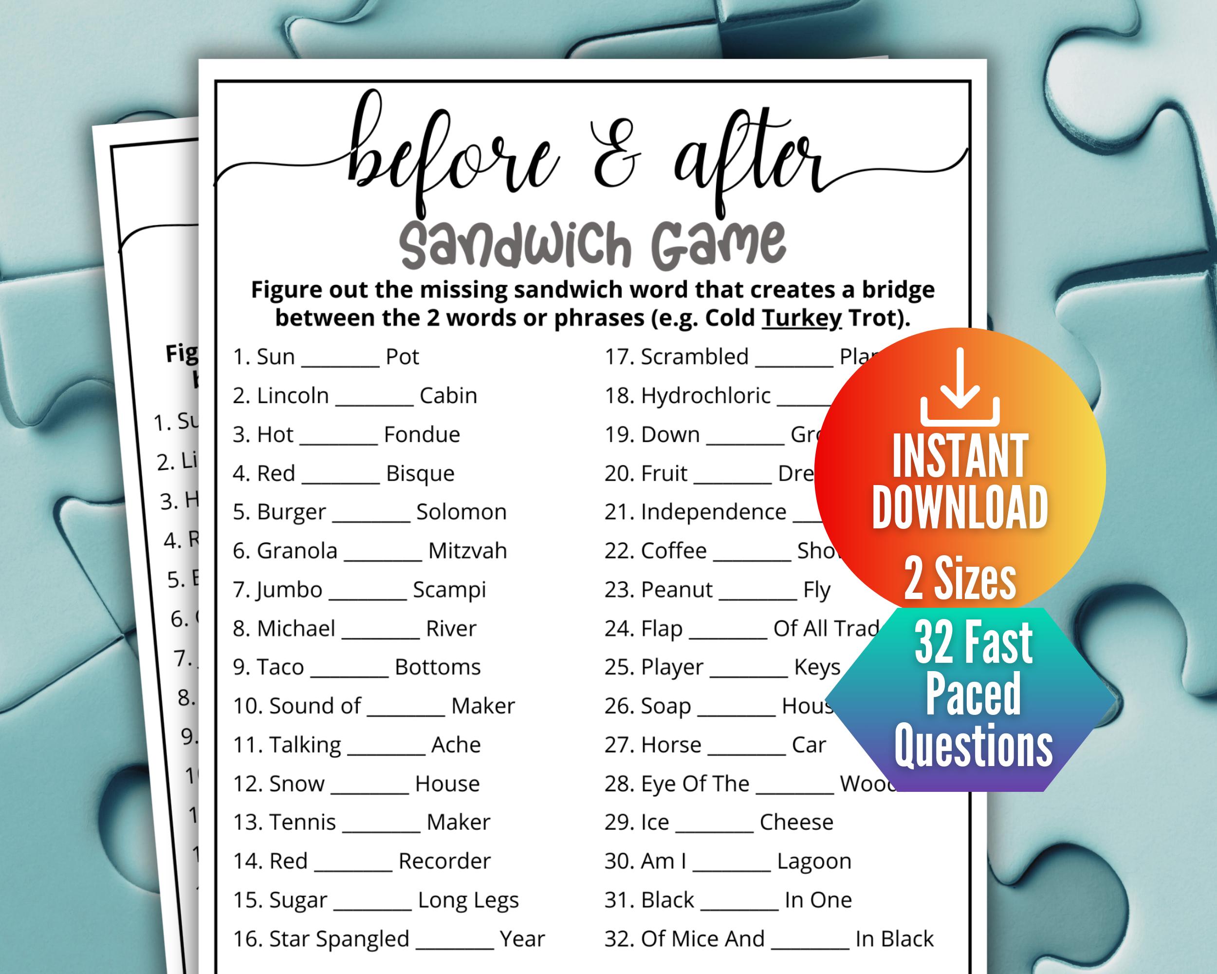 Vor und nach dem Sandwich-Spiel, füllen Sie das leere Wort Quiz aus, druckbares Trivia Puzzle-Spiel für Kinder und Erwachsene, Familienspielabend, Büropartyspaß