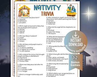 Może przedstawiać: Arkusz do gry Nativity Trivia zawierający czternaście pytań wielokrotnego wyboru dotyczących narodzin Jezusa. Dokument zawiera ilustracje Świętej Rodziny oraz okrągłą odznakę z napisem Instant Download i 12 Bonus Games.