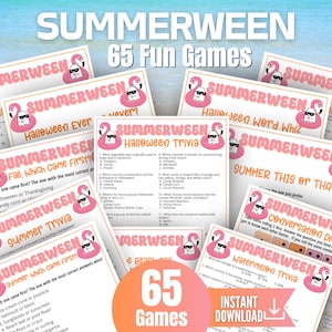 May include: A collection of printable game sheets titled Summerween 65 Fun Games. Each page features a pink flamingo floatie graphic with a ghost wearing sunglasses. The sheets include various activities like Halloween Trivia, Summer Trivia, and Word Whiz.