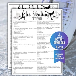 Puede incluir: Juego de preguntas sobre patinaje artístico, con preguntas sobre patinaje artístico, incluidos los Juegos Olímpicos. El juego imprimible presenta un botón de descarga instantánea azul y morado y una clave de respuestas. La imagen está sobre un fondo de patines blancos.