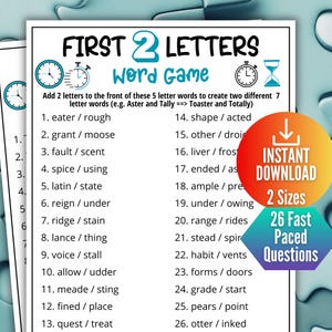 Könnte beinhalten: Ein ausdruckbares Wortspiel mit dem Titel "First 2 Letters Word Game" mit 26 schnellen Fragen. Das Spiel fordert die Spieler heraus, fünf Buchstabenwörtern zwei Buchstaben hinzuzufügen, um sieben Buchstabenwörter zu erstellen. Das Design umfasst Uhren und eine Sanduhr.