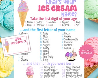 What's Your Ice Cream Name Game WITH NAMETAGS + SIGN, Ice Cream Party Game, Ice Cream Birthday Party Games, Baby Shower Fun for kids &adults