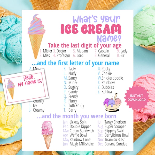 What's Your Ice Cream Name Game, Ice Cream Party Game, Ice Cream Party Games