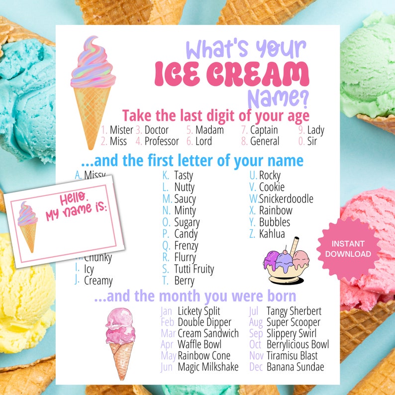 What's Your Ice Cream Name Game, Ice Cream Party Game, Ice Cream Party