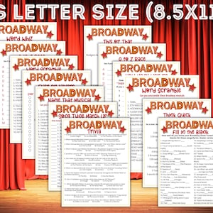 May include: A collection of Broadway-themed game sheets, including word scrambles, trivia, and fill-in-the-blank puzzles. The sheets are printed on US Letter size (8.5x11 inch) paper and feature a red curtain backdrop.