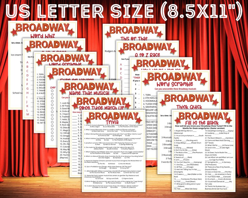 May include: A collection of Broadway-themed game sheets, including word scrambles, trivia, and fill-in-the-blank puzzles. The sheets are printed on US Letter size (8.5x11 inch) paper and feature a red curtain backdrop.