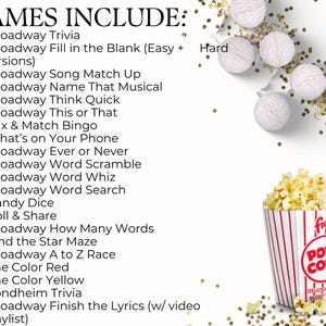May include: A list of 21 Broadway-themed games, including trivia, word games, and fill-in-the-blank. The image also features a popcorn container with red and white stripes, popcorn, and decorative lights.