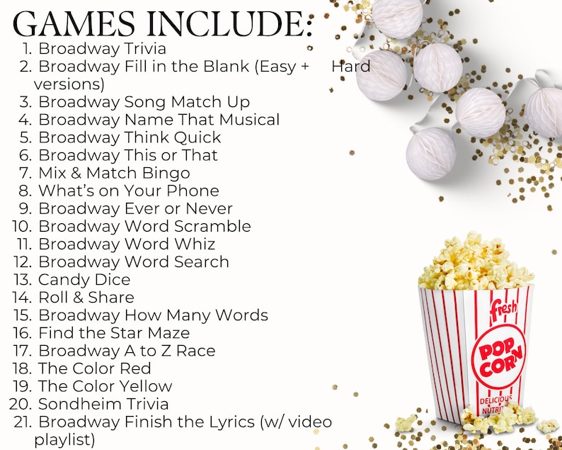 May include: A list of 21 Broadway-themed games, including trivia, word games, and fill-in-the-blank. The image also features a popcorn container with red and white stripes, popcorn, and decorative lights.