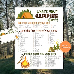 Was ist Ihr Camping-Namensspiel MIT NAMESTAGS + SCHILD, Camping-Geburtstagsaktivität, Zeltplatzspaß, Eisbrecherspiel, Spaß für Erwachsene und Kinder