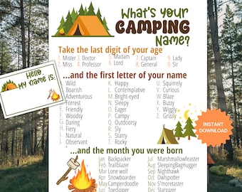 Was ist Ihr Camping-Namensspiel MIT NAMESTAGS + SCHILD, Camping-Geburtstagsaktivität, Zeltplatzspaß, Eisbrecherspiel, Spaß für Erwachsene und Kinder