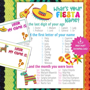 May include: A printable fiesta name game with colorful illustrations of a sombrero, maracas, and a pinata. The game asks players to determine their fiesta name based on the last digit of their age and the first letter of their name. The game also includes a list of months and corresponding fiesta names.