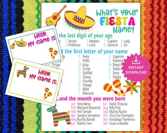 What's Your Fiesta Name Game WITH NAMETAGS + SIGN, Cinco de Mayo Party Game, Quinceañera Celebration Activity, Birthday Party Name Generator