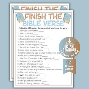 May include: A printable game sheet titled Finish the Bible Verse with twenty fill-in-the-blank questions. The design features light blue illustrated Bibles with gold crosses at the top corners. A circular badge indicates instant download and 12 bonus games.