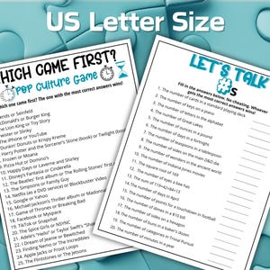 May include: Two US Letter size printable game sheets. The left sheet is titled Which Came First? Pop Culture Game with 25 questions. The right sheet is titled Let's Talk #s with 20 number-based trivia questions and blank lines for writing answers.
