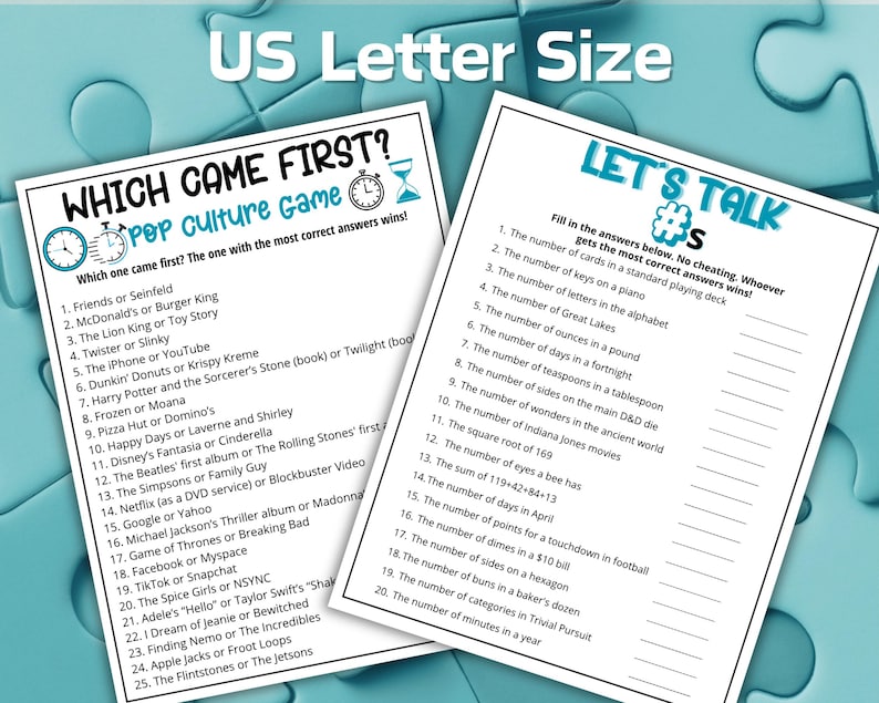 May include: Two US Letter size printable game sheets. The left sheet is titled Which Came First? Pop Culture Game with 25 questions. The right sheet is titled Let's Talk #s with 20 number-based trivia questions and blank lines for writing answers.